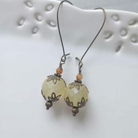 Image 1 of Bohemian Czech Glass Long Dangle Earrings in Lemon & Bronze