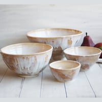 Image 2 of Ceramic Nesting Bowls In Rustic White and Ocher Glaze, Set of Four Pottery Bowls, Made in USA