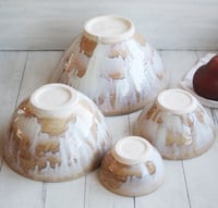 Image 8 of Ceramic Nesting Bowls In Rustic White and Ocher Glaze, Set of Four Pottery Bowls, Made in USA