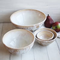 Image 4 of Ceramic Nesting Bowls In Rustic White and Ocher Glaze, Set of Four Pottery Bowls, Made in USA