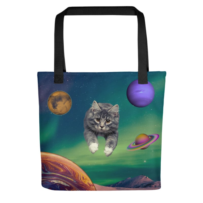 Image of Cat Flying through Space - All Over Print Tote Bag