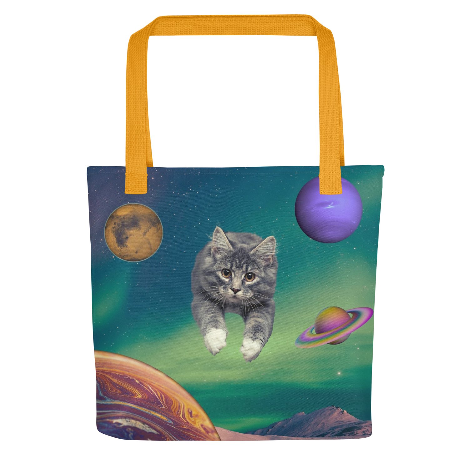 Image of Cat Flying through Space - All Over Print Tote Bag