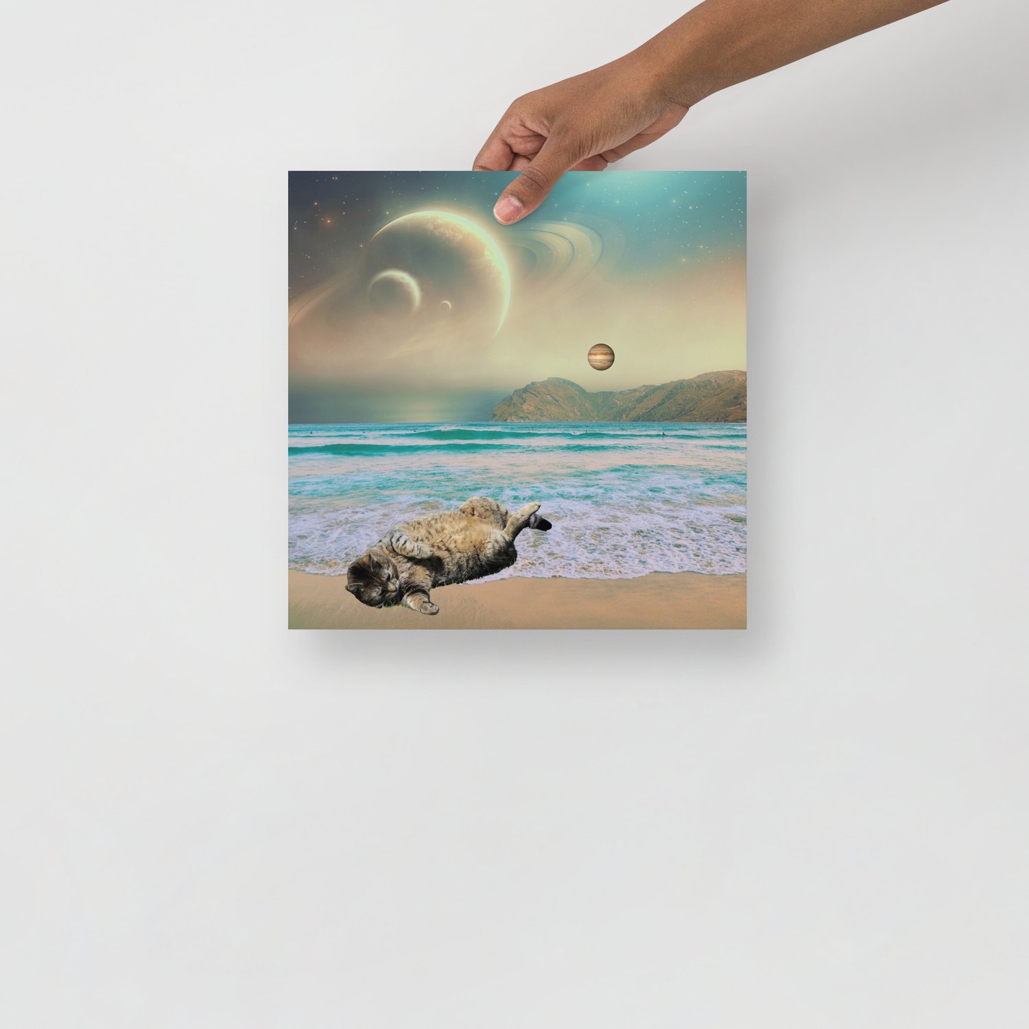 Image of FREE SHIPPING - Cat Chilling on a Space Beach - 12x12 inch - Matte Giclee Print