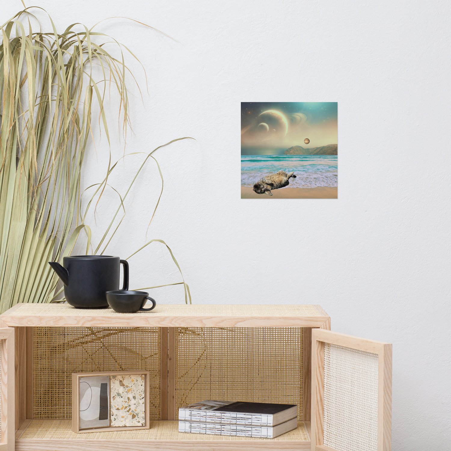Image of FREE SHIPPING - Cat Chilling on a Space Beach - 12x12 inch - Matte Giclee Print