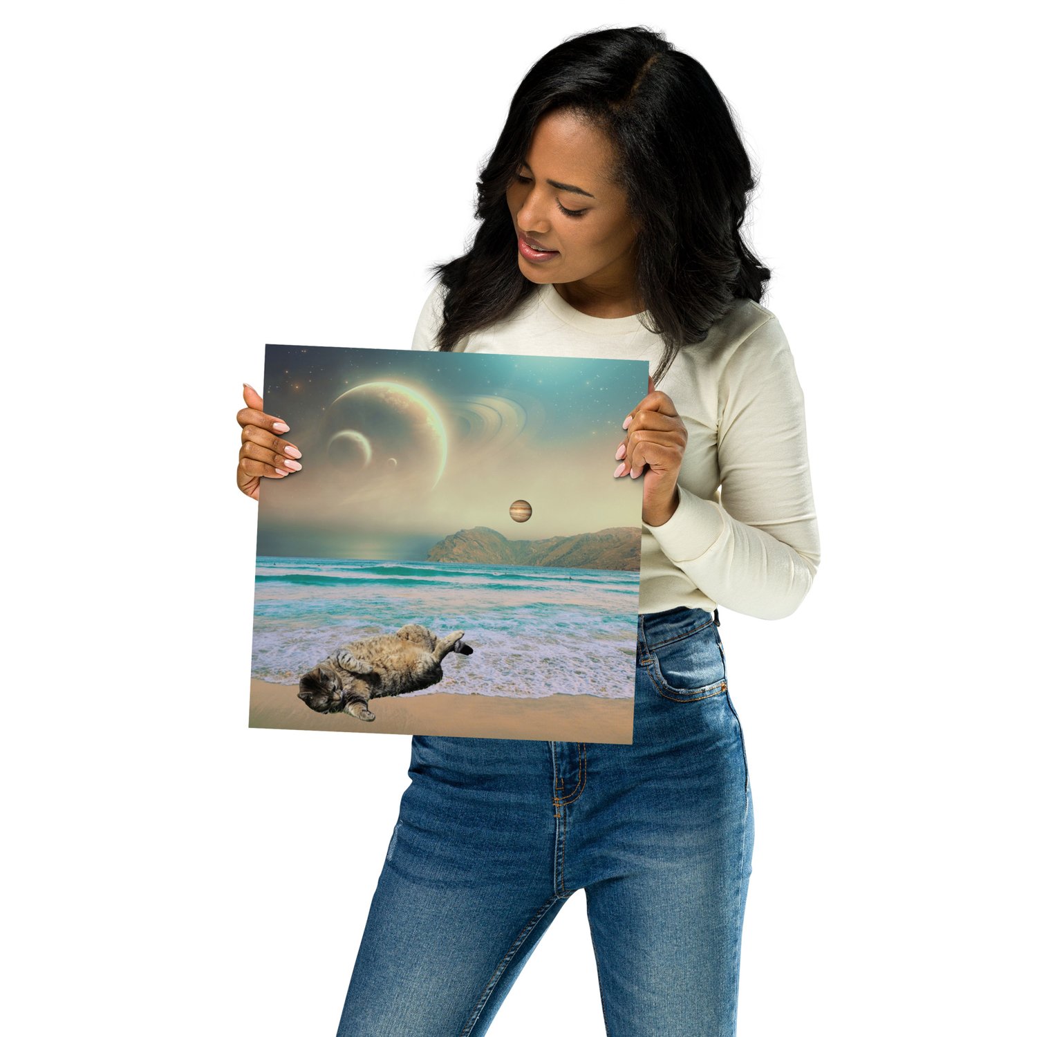 Image of FREE SHIPPING - Cat Chilling on a Space Beach - 12x12 inch - Matte Giclee Print