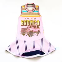 Image 3 of pink ford bronco stripe classic car USA upcycled 4/5 courtneycourtney twirly tank sleevless dress