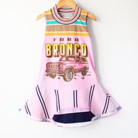 Image 1 of pink ford bronco stripe classic car USA upcycled 4/5 courtneycourtney twirly tank sleevless dress
