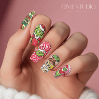 Image 1 of PINK PUFFY EFFECT GRINCH CHRISTMAS NAIL DECALS 
