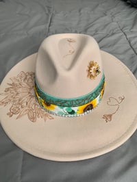 Image 1 of "Bendecida Por Dios, Amada Por Jesus, Guiada Por el Espiritu" Hand Burned Wide Brim Felt Fedora Hat