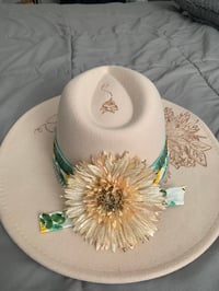 Image 4 of "Bendecida Por Dios, Amada Por Jesus, Guiada Por el Espiritu" Hand Burned Wide Brim Felt Fedora Hat