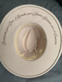 Image 5 of "Bendecida Por Dios, Amada Por Jesus, Guiada Por el Espiritu" Hand Burned Wide Brim Felt Fedora Hat