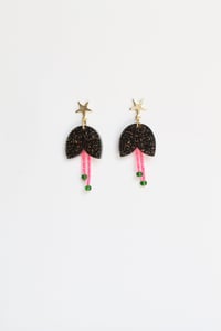 Image 2 of Dangly glittery black flowers with pistils earrings