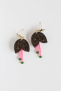 Image 4 of Dangly glittery black flowers with pistils earrings
