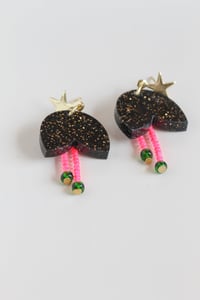 Image 5 of Dangly glittery black flowers with pistils earrings