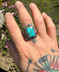 Image 4 of WL&A Rustic Bronze & Sterling Arrowhead Signet - Emerald Valley Blue Turquoise - Size 12