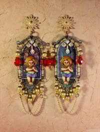 Image 1 of "Beloved Son of God" earrings or ornaments with stained glass windows and lots of jewels.
