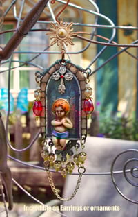 Image 3 of "Beloved Son of God" earrings or ornaments with stained glass windows and lots of jewels.