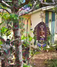 Image 3 of "Lamb of God" Baby Jesus earrings or ornaments with stained glass Gothic looks and many jewels.