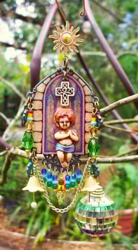 Image 4 of "Lamb of God" Baby Jesus earrings or ornaments with stained glass Gothic looks and many jewels.