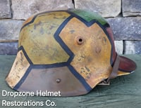 Image 4 of Replica WWI German M-1916 Helmet and Leather Liner. Camouflage pattern & Machine Gun Unit. 