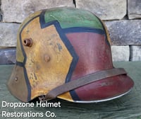 Image 3 of Replica WWI German M-1916 Helmet and Leather Liner. Camouflage pattern & Machine Gun Unit. 