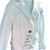 Image 1 of Women's Nine West White Denim Blazer,  SZ 16 , Embellished w- pearls, pins & patches 