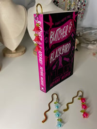 Image 2 of Flower bead trio bookmarks, pink flower bookmarks, blue flower bookmark, dangle bookmarks