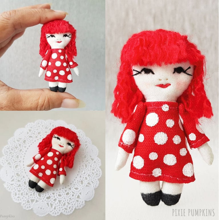 Image of Miniature Doll Yayoi Kusama Tiny Yayoi Kusama Figure Plush Doll Japanese Artist Fabric Art Doll
