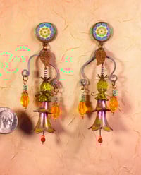 Image 2 of Fantastic Fantasy Flowers Earrings 63 with citrine and orange crystals and Indian patterned tops.