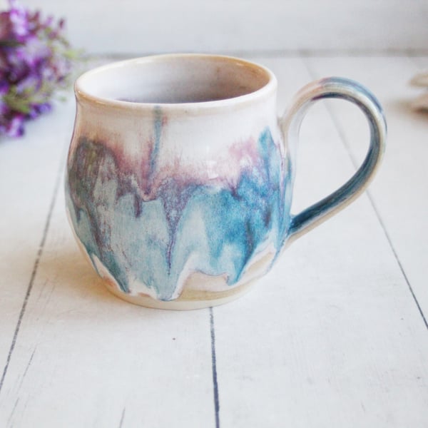 Image of Turquoise and Pink Glazed Pottery Mug, Handcrafted Coffee Cup 14 Ounce, Made in USA