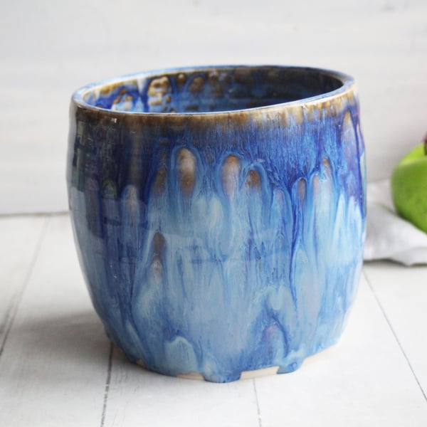 Image of Discounted "Second" Utensil Holder with Dripping Blue Glaze , Handmade Ceramic Crock Made in USA