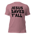 Jesus Saves Y'all Canvas Bella Tee with black ink