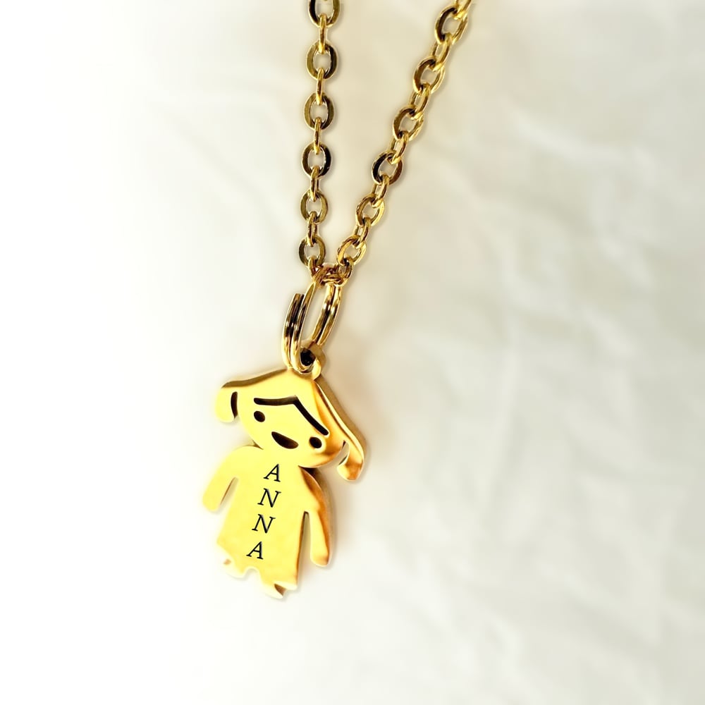 Image of Little Girl Pendant Charm Necklace with Personalized Name Engraving GOLD tone