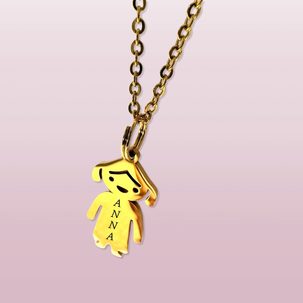 Image of Little Girl Pendant Charm Necklace with Personalized Name Engraving GOLD tone