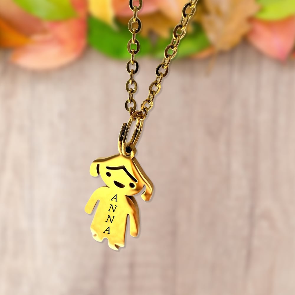 Image of Little Girl Pendant Charm Necklace with Personalized Name Engraving GOLD tone