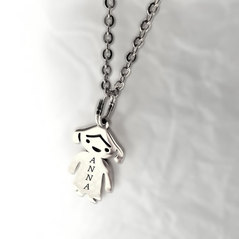 Image of Little Girl Pendant Charm Necklace with Personalized Name Engraving Steel Silver tone