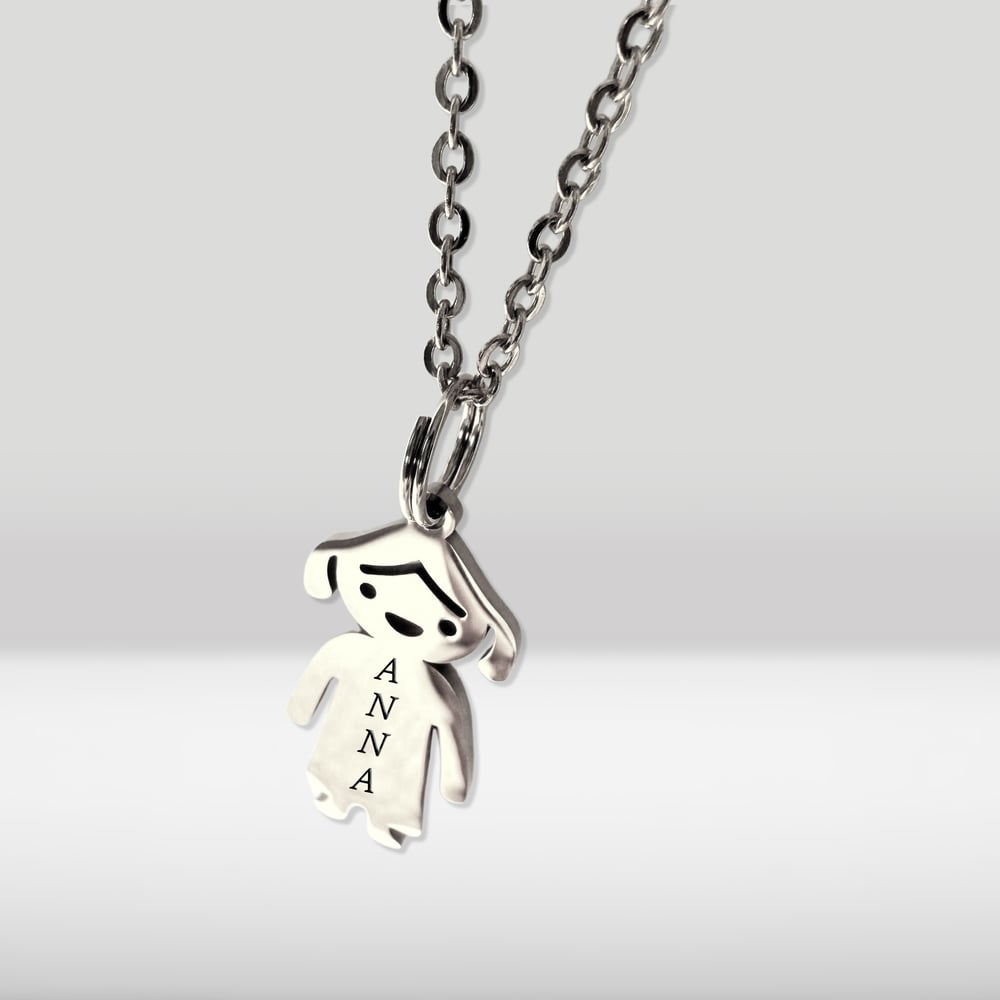 Image of Little Girl Pendant Charm Necklace with Personalized Name Engraving Steel Silver tone
