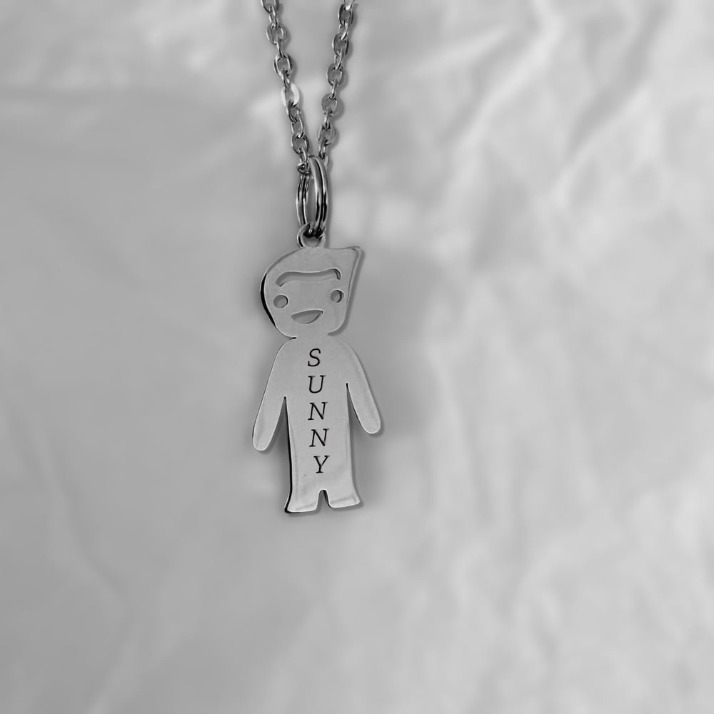 Image of Little BOY Kid Pendant Charm Necklace with Personalized Name Engraving Steel Silver tone