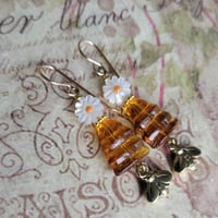 Image 2 of Mother of Pearl Daisy, Vintage Glass Honey Pot, Vintage Brass Honey Bee Charm Earrings (Very Limited