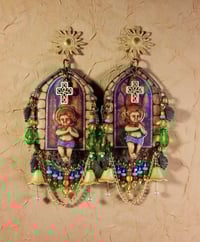 Image 1 of "Lamb of God" Baby Jesus earrings or ornaments with stained glass Gothic looks and many jewels.