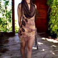 Image 12 of Brown Forest Leaves Paisley Dress With Scarf  - S/M/L/XL