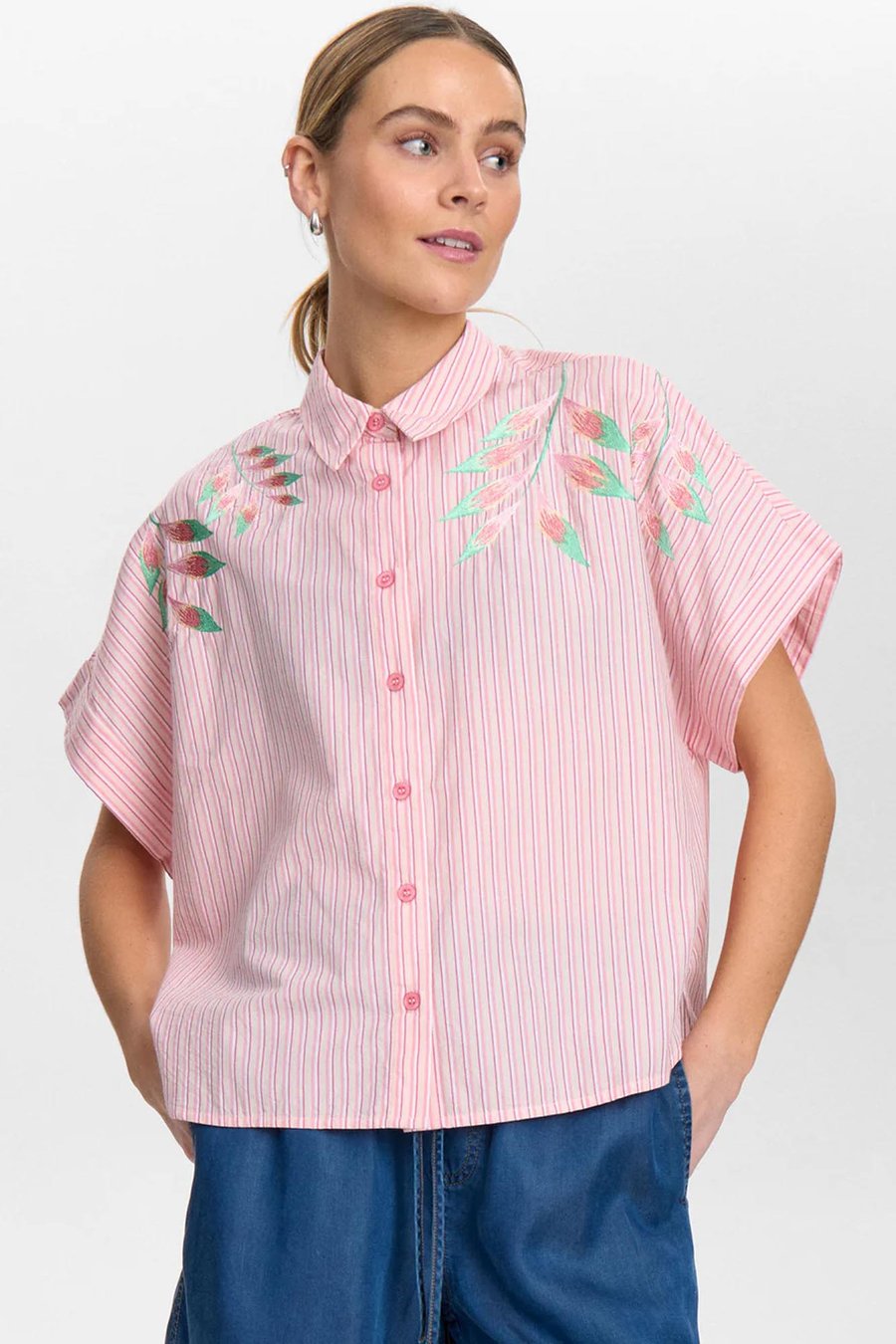 Image of 1-Camisa NUULLA rayas rosas bordado