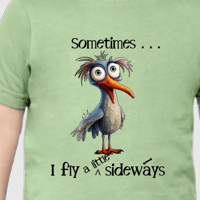 Image 4 of Sideways Tee - Kids Youth Teen Girls and Boys Green and Blue Silly Quirky Oddball Bird T-shirt 