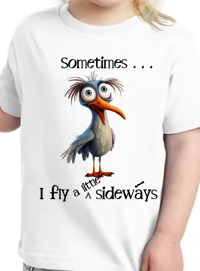 Image 6 of Sideways Tee - Kids Youth Teen Girls and Boys Green and Blue Silly Quirky Oddball Bird T-shirt 