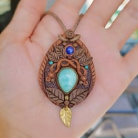 Image 5 of Earthy Brass Leaf Amazonite & Sapphire Pendant