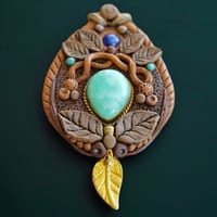 Image 4 of Earthy Brass Leaf Amazonite & Sapphire Pendant