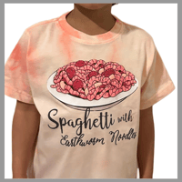 Image 2 of  "What Are You Making?" Book Tee - Kids Girls and Boys Orange Tiedye - Spaghetti Earthworm Noodles