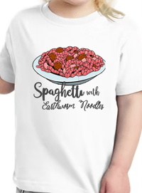 Image 4 of  "What Are You Making?" Book Tee - Kids Girls and Boys Orange Tiedye - Spaghetti Earthworm Noodles