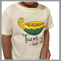 Image 2 of "What Are You Making?" Book Tee - Kids Girls and Boys Yellow Tiedye Shirt - Tacos With Turtle Shells