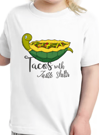 Image 4 of "What Are You Making?" Book Tee - Kids Girls and Boys Yellow Tiedye Shirt - Tacos With Turtle Shells